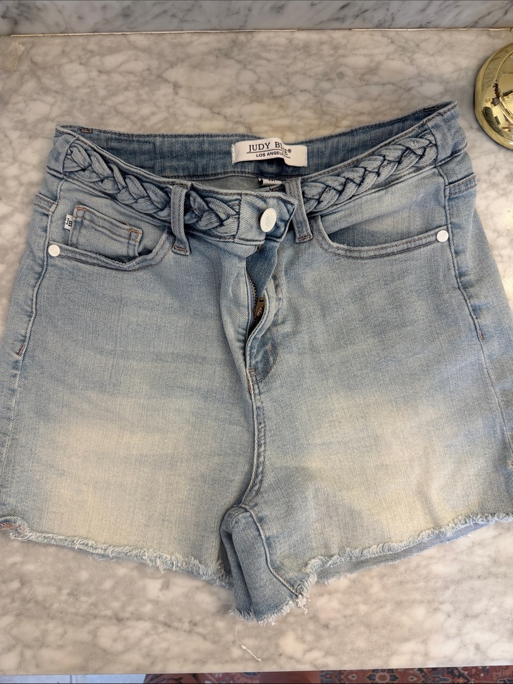 Judy Blue Faded Light Blue Braided Waist Denim Shorts